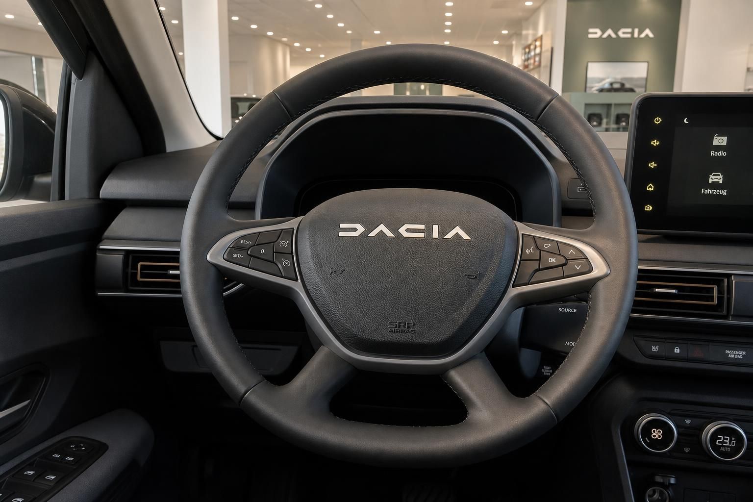 Dacia Lenkrad mit Multifunktionstasten und Airbag im Fahrzeuginnenraum