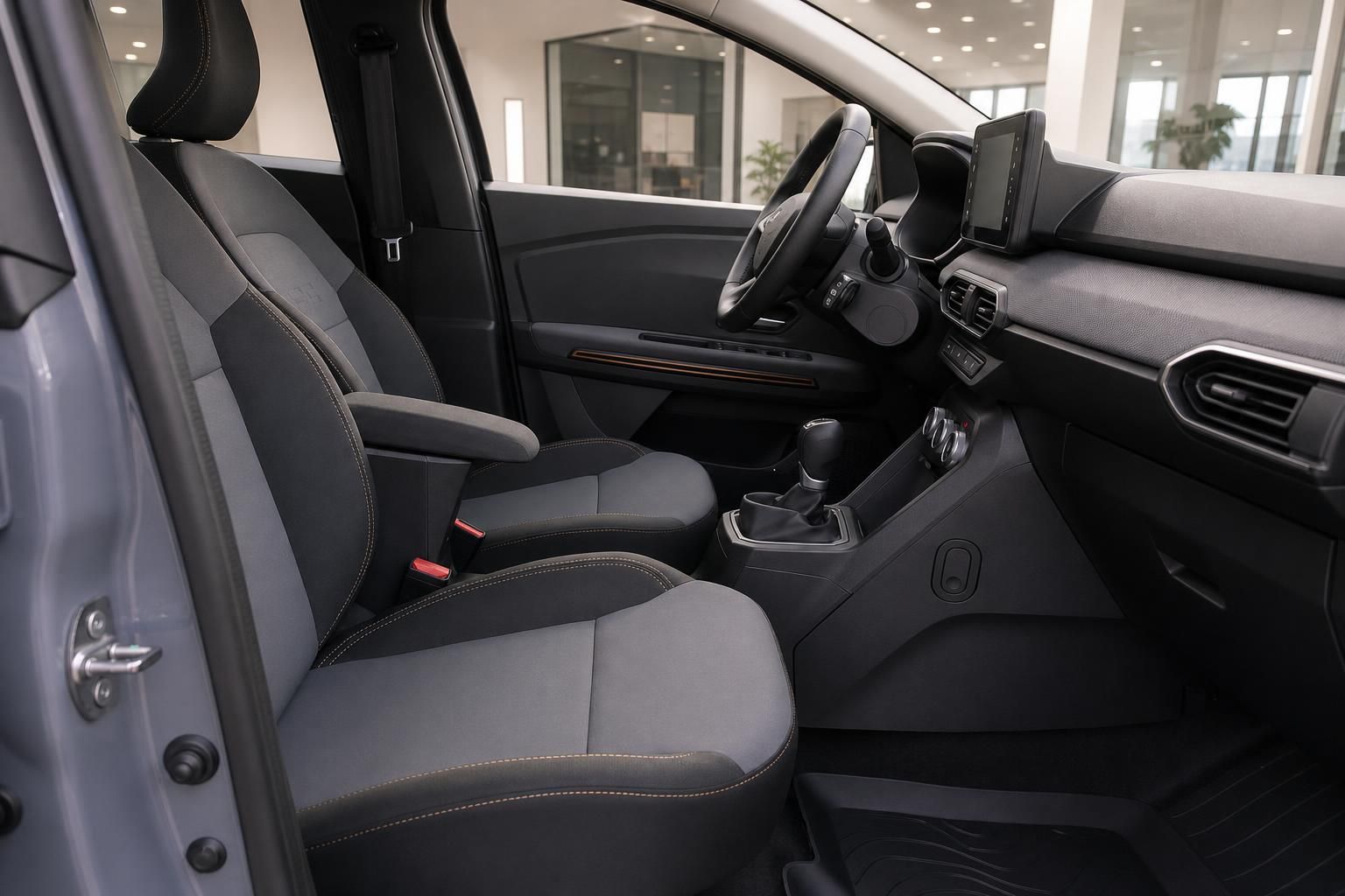 Moderner Fahrzeuginnenraum mit grauen Sportsitzen und Schaltgetriebe im Autohaus