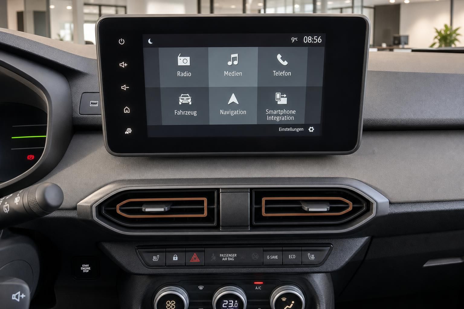 Touchscreen-Infotainmentsystem mit Navigationsmenu im Dacia Fahrzeug