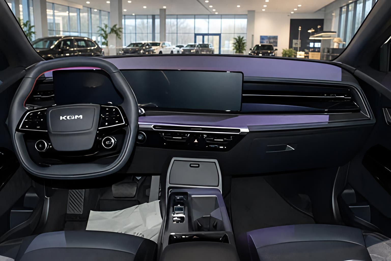 KGM SUV Innenraum mit modernem Cockpit, großem Curved-Display und lila Armaturenbrett im Autohaus