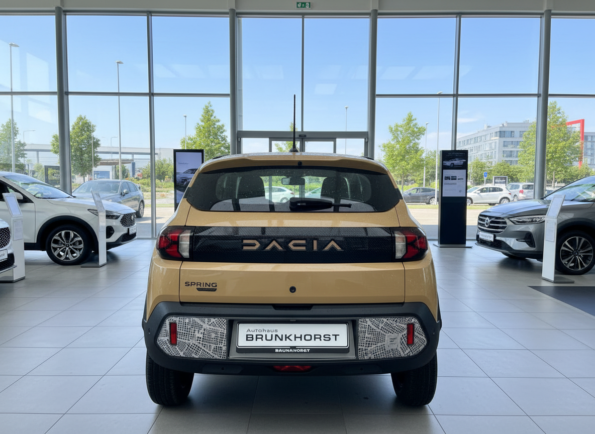 Dacia Spring Elektroauto in Sand-Beige, Heckansicht im Autohaus Brunkhorst Showroom