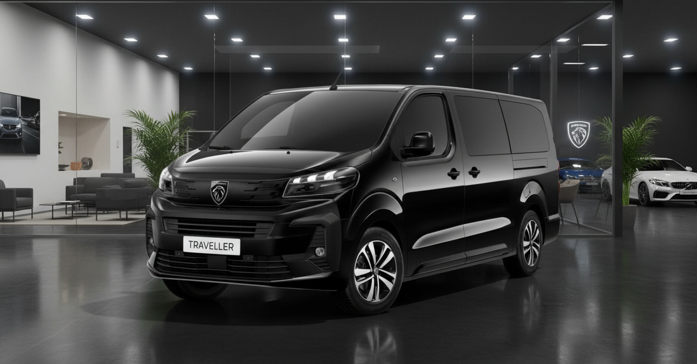 Schwarzer Peugeot Traveller Van im modernen Autohaus-Showroom mit LED-Beleuchtung und Peugeot-Logo im Hintergrund