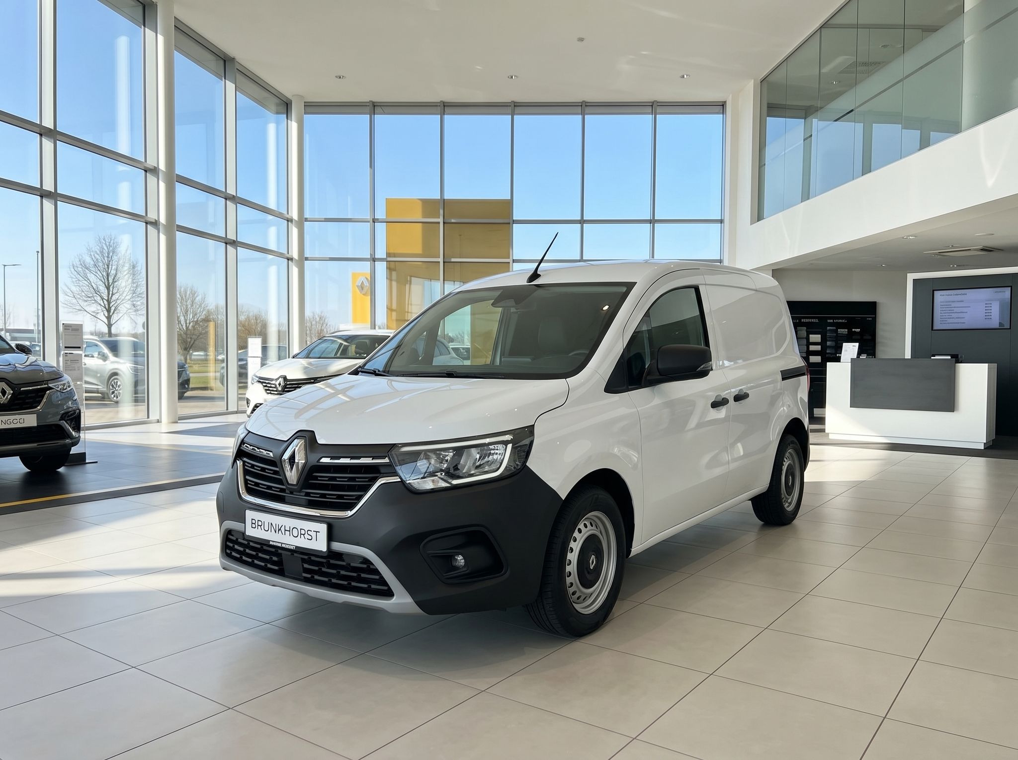 Renault Kangoo weißer Kastenwagen im Autohaus Showroom - Seitenansicht mit moderner Ausstattung