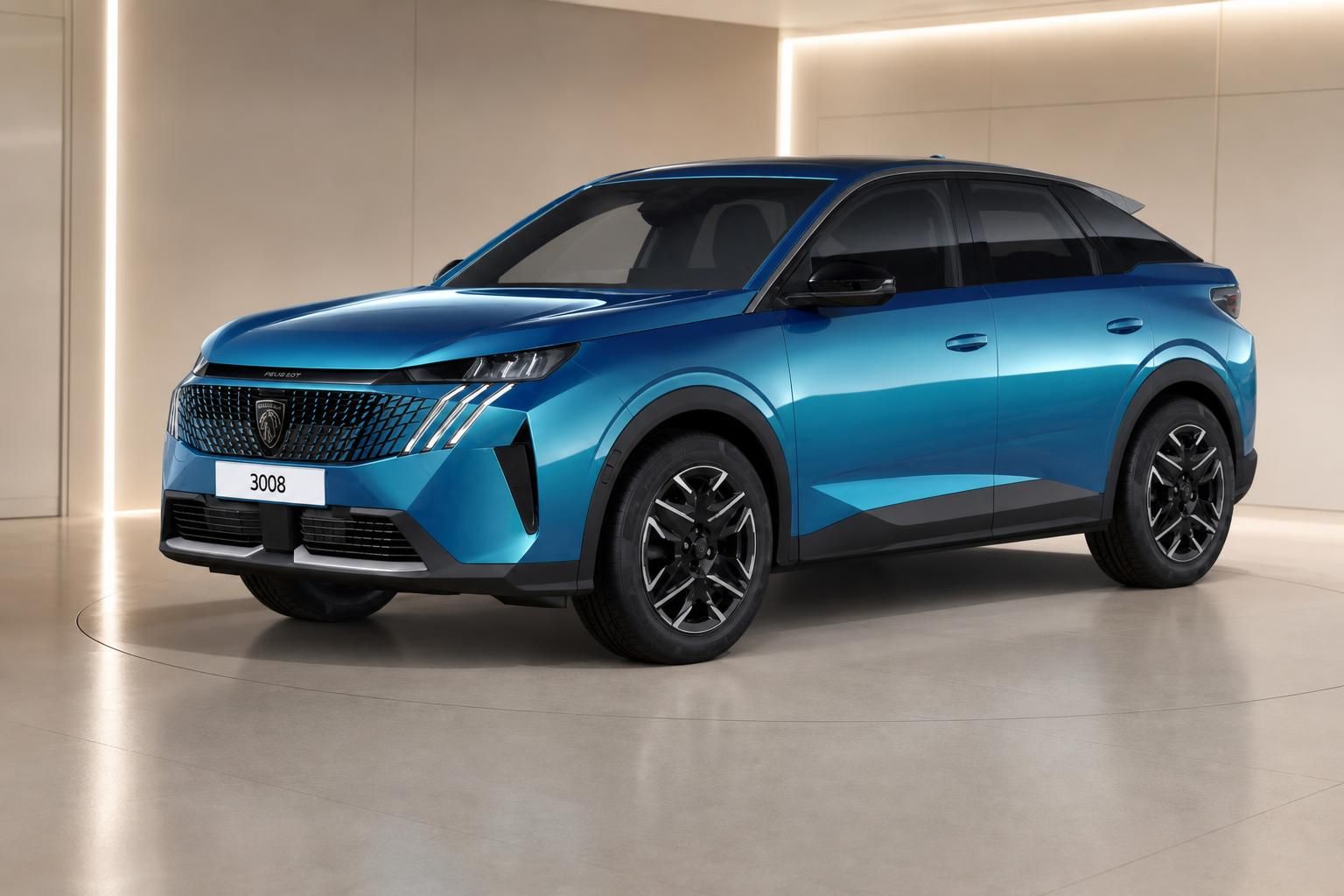 Peugeot 3008 in Blau, Frontansicht schräg im Showroom