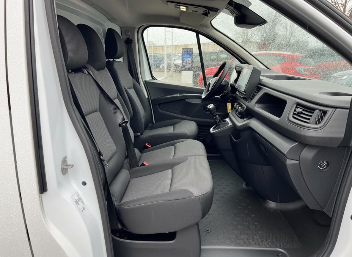 Innenraum eines weißen Transporters mit grauen Stofssitzen und Schaltgetriebe