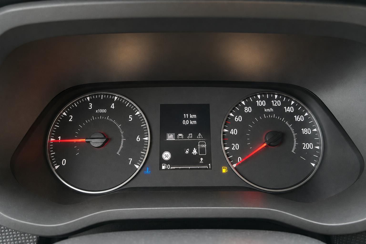 Armaturenbrett mit Drehzahlmesser und Tachometer, Anzeige zeigt 11 km Kilometerstand