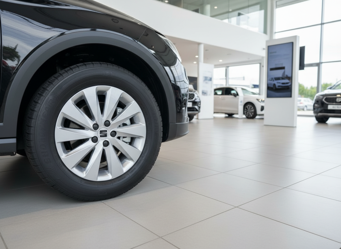 Schwarzer SEAT SUV im Autohaus-Showroom, Nahaufnahme Vorderrad mit Alufelge