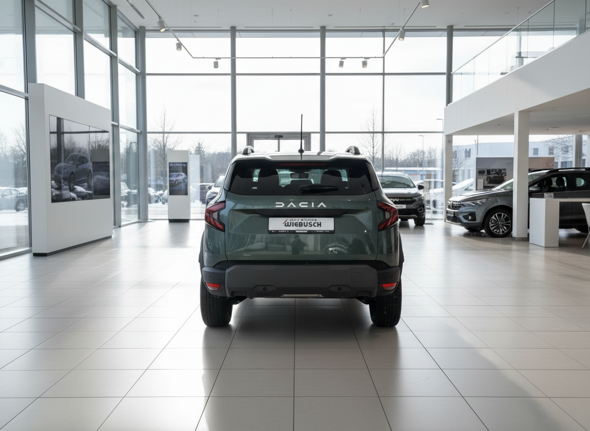 Dacia SUV in Grün – Heckansicht im Autohaus Wiebusch Showroom