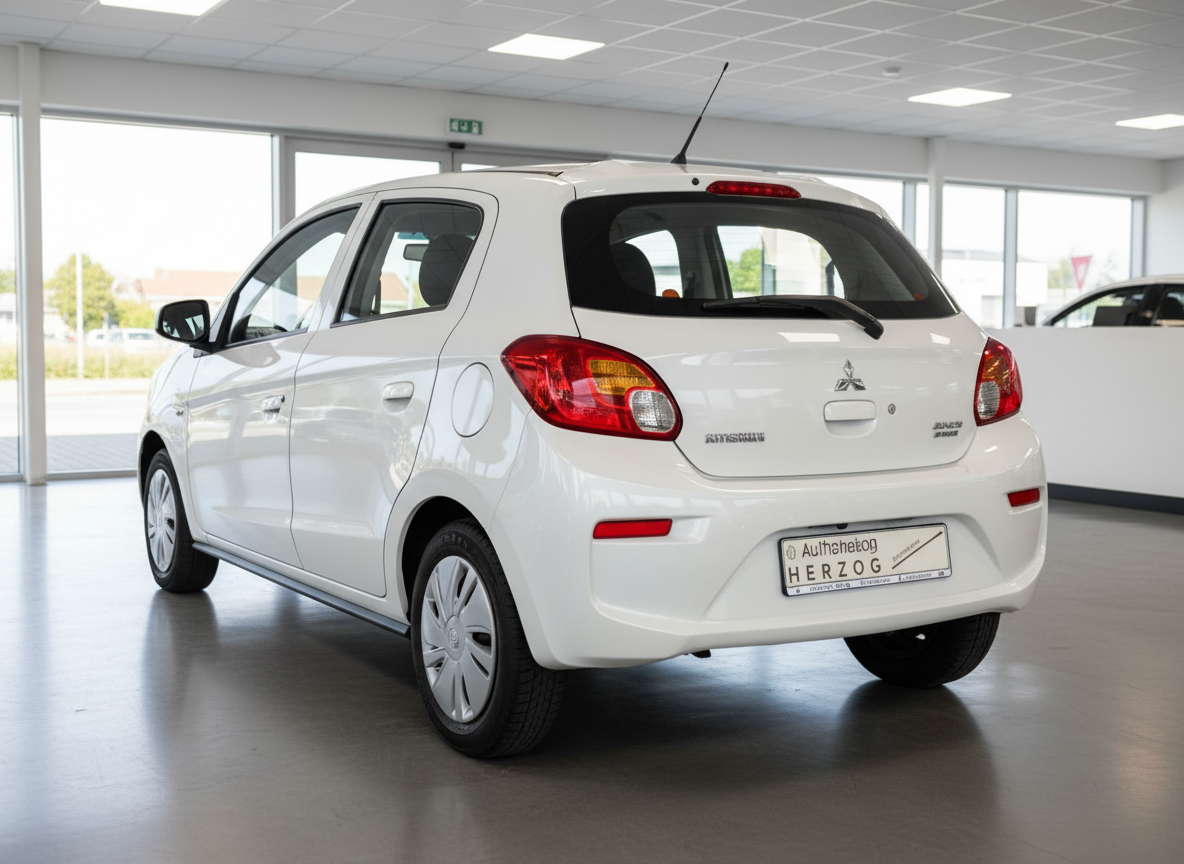 Weißer Mitsubishi Space Star Heckansicht im Autohaus Herzog