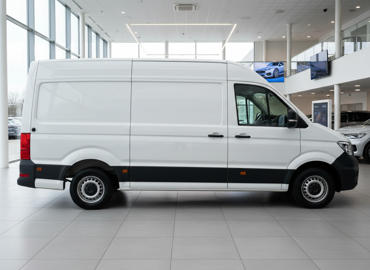 Weißer Volkswagen Crafter Kastenwagen Hochdach im Autohaus Showroom