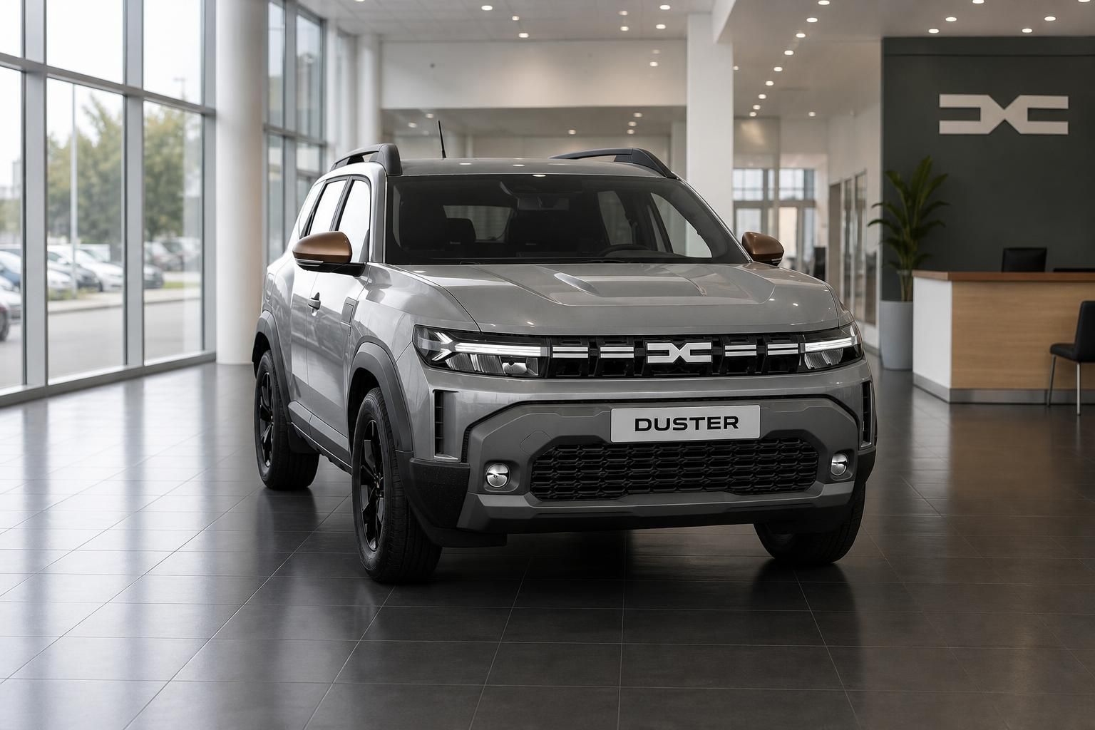 Dacia Duster grau in Autohaus-Showroom, Frontansicht