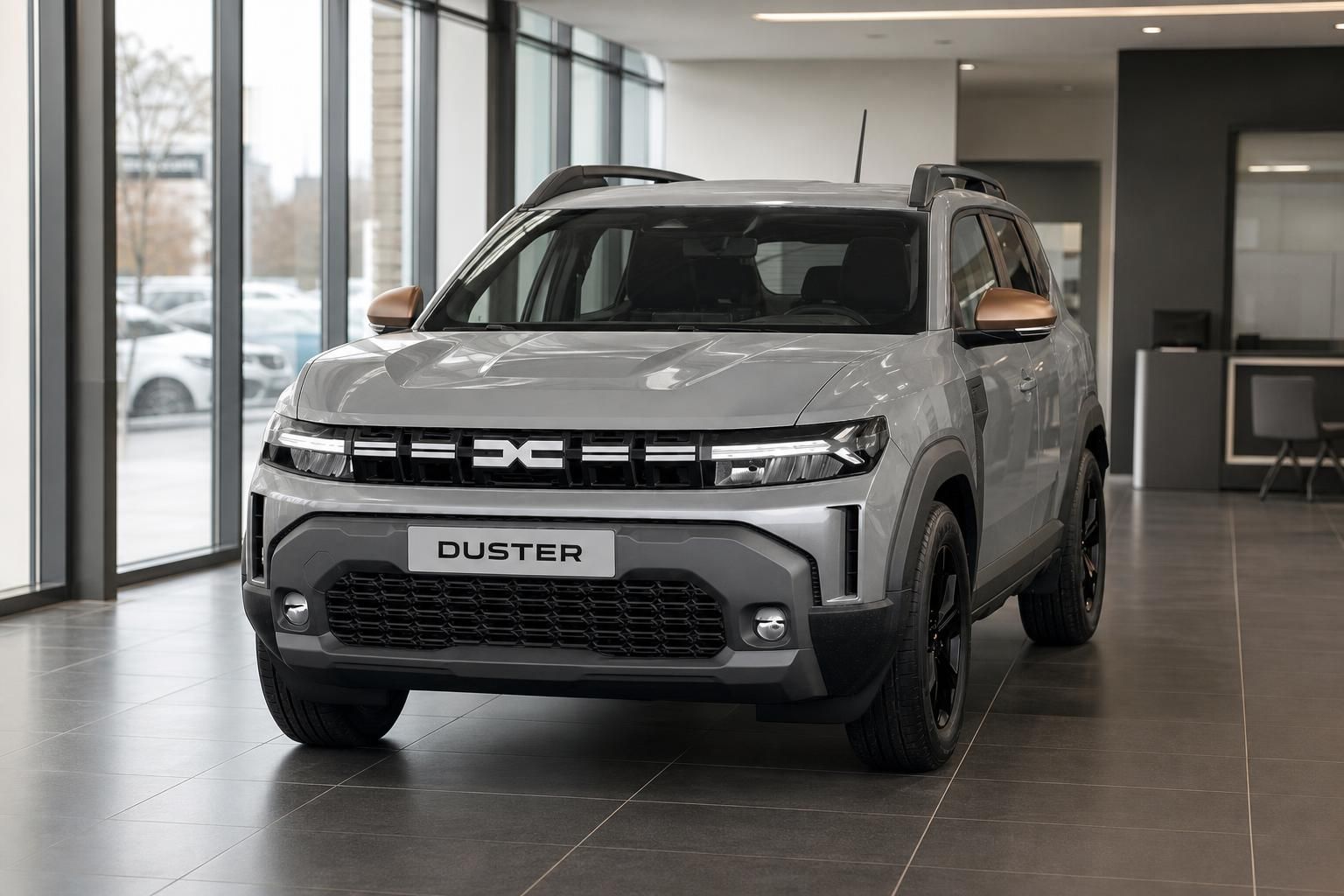 Dacia Duster grau von vorne im Autohaus, SUV Frontansicht