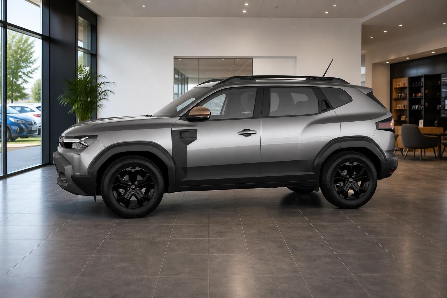 Dacia Duster grau, Seitenansicht im Autohaus Showroom