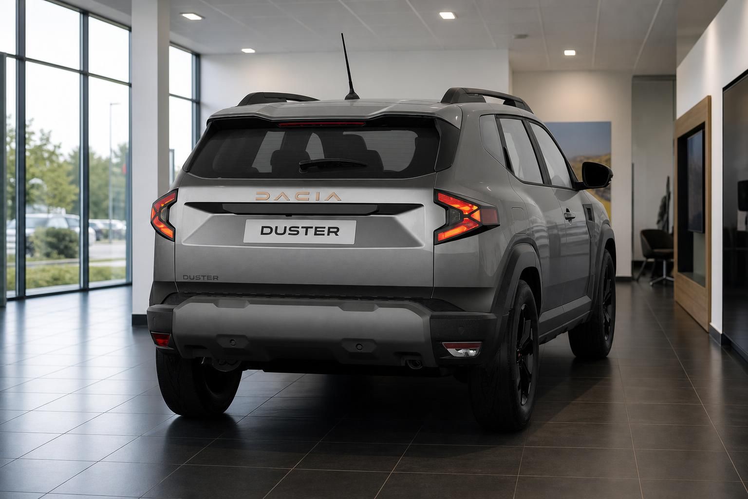 Dacia Duster grau, Heckansicht im Autohaus Showroom