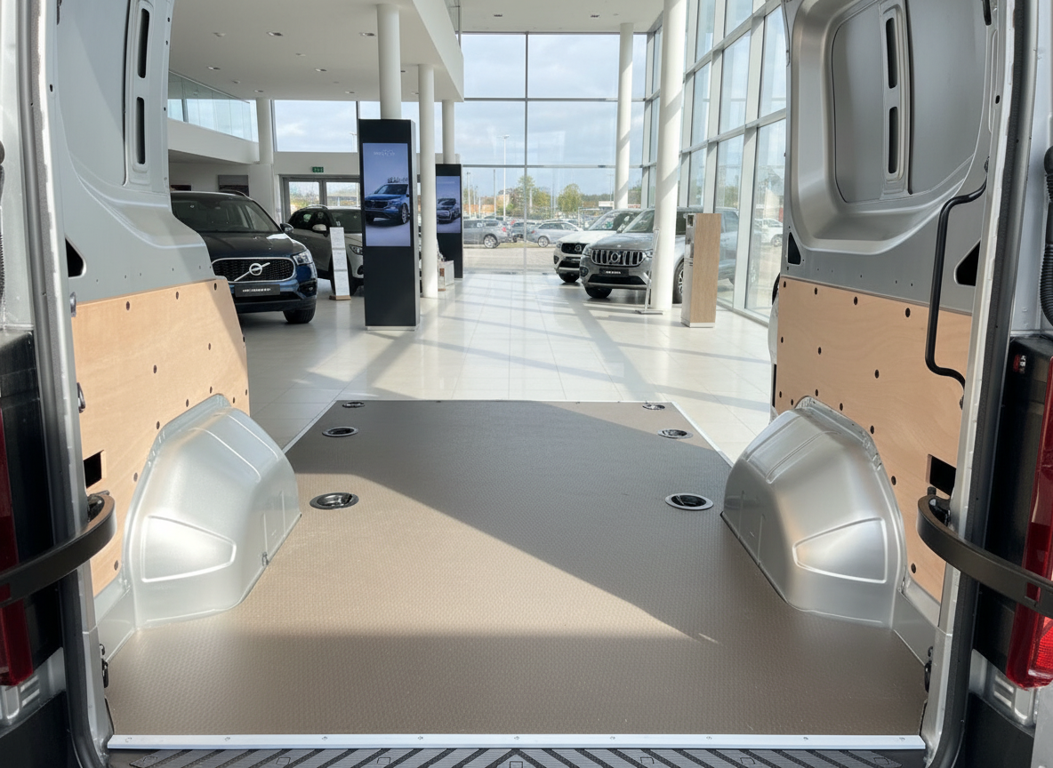 Laderaum eines weißen Transporter-Vans mit Holzverkleidung und rutschfestem Boden im Autohaus