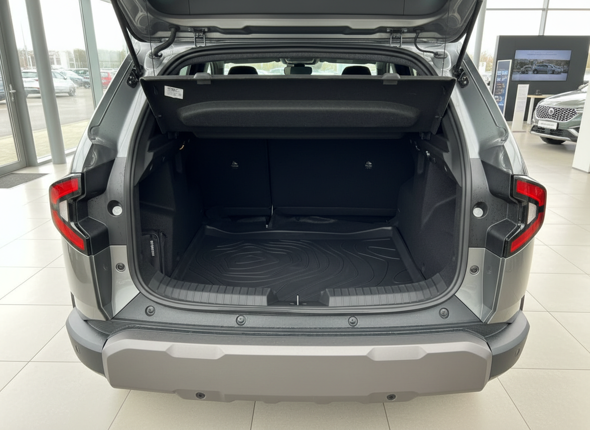 Grauer SUV Kofferraum geöffnet mit schwarzer Gummimatte im Autohaus