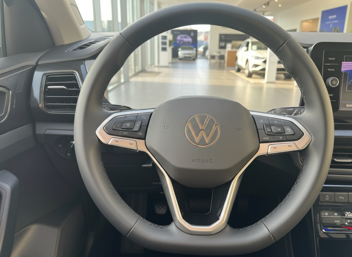 Volkswagen Lenkrad mit VW-Logo und Multifunktionstasten im Innenraum eines VW-Fahrzeugs