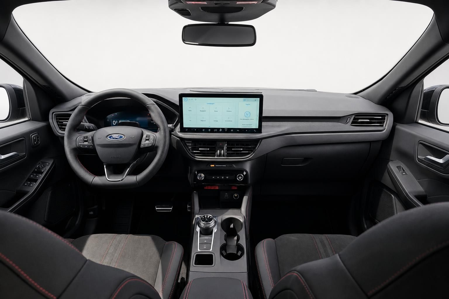 Ford Cockpit Ansicht mit Lenkrad, Touchscreen und Mittelkonsole