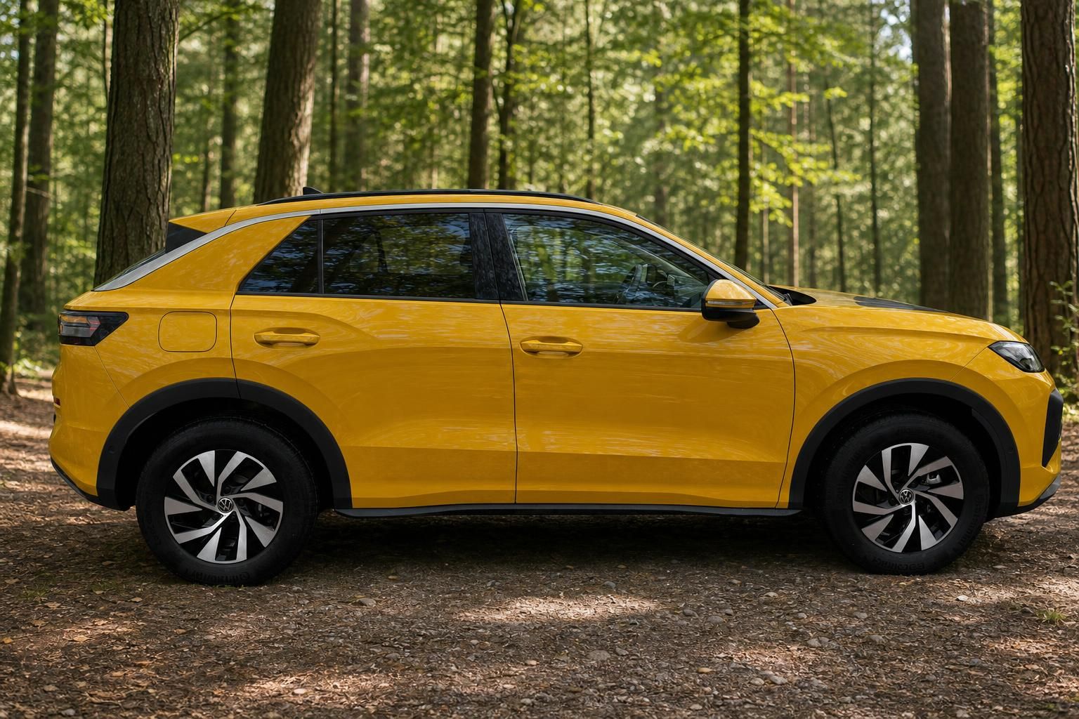 Gelber Volkswagen SUV Seitenansicht hinten - kompakter Crossover mit getönten Scheiben im Wald