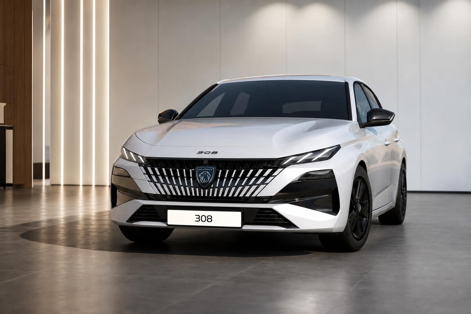 Peugeot 308 in Weiss, Frontansicht im Showroom