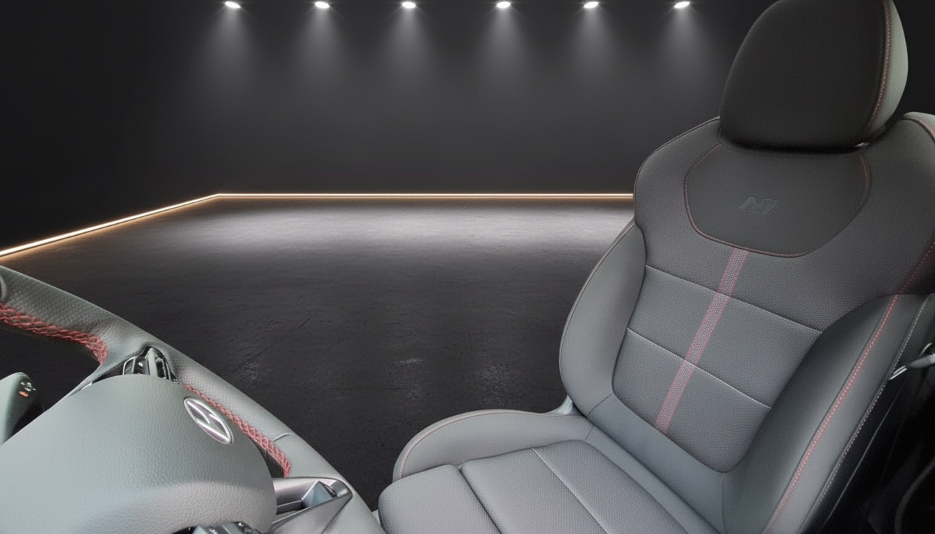 Hyundai N Innenraum mit sportlichem Ledersitz in Grau und roten Ziernähten sowie Lenkrad