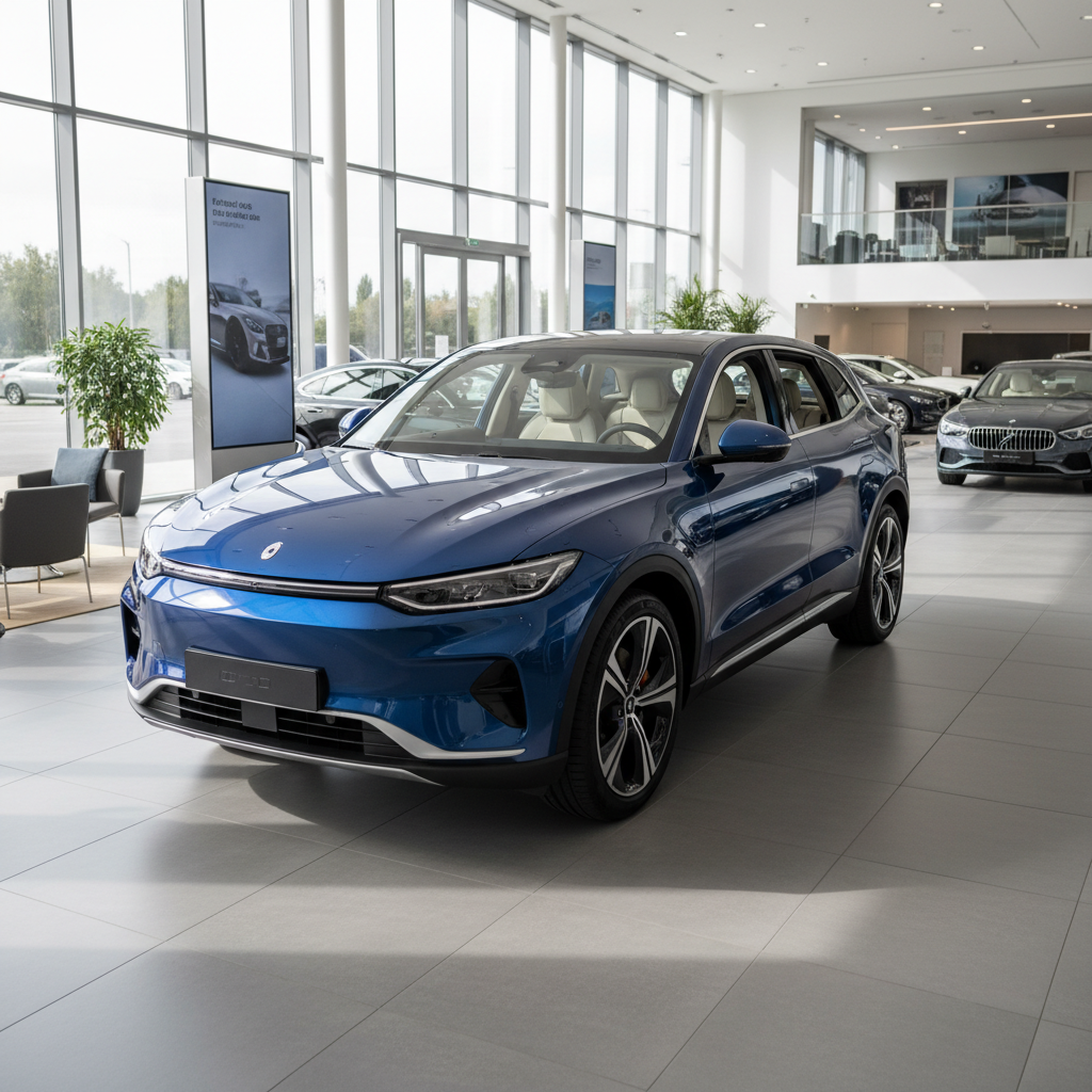 Blauer Elektro-SUV im Autohaus Showroom mit Panoramafenstern