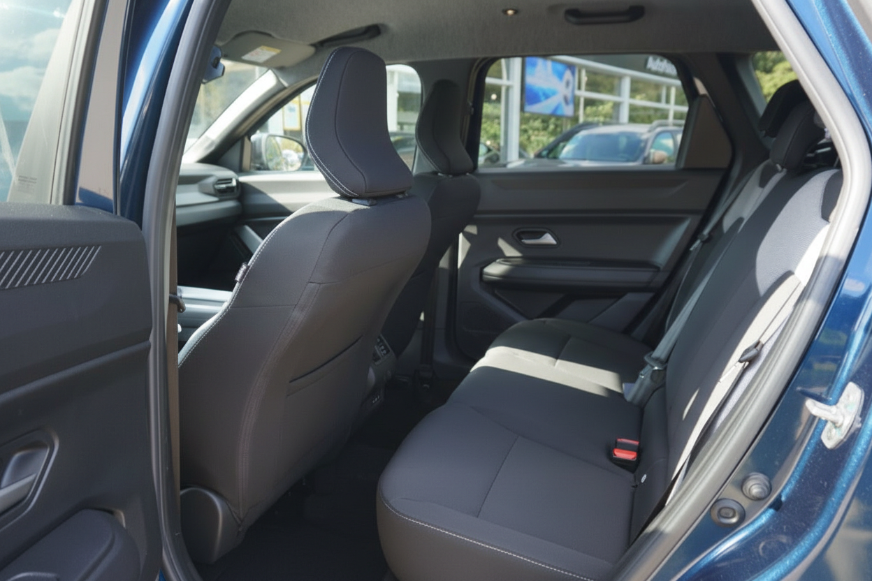 Innenraum Rücksitzbank eines blauen SUV mit schwarzen Stoffsitzen und Sicherheitsgurten
