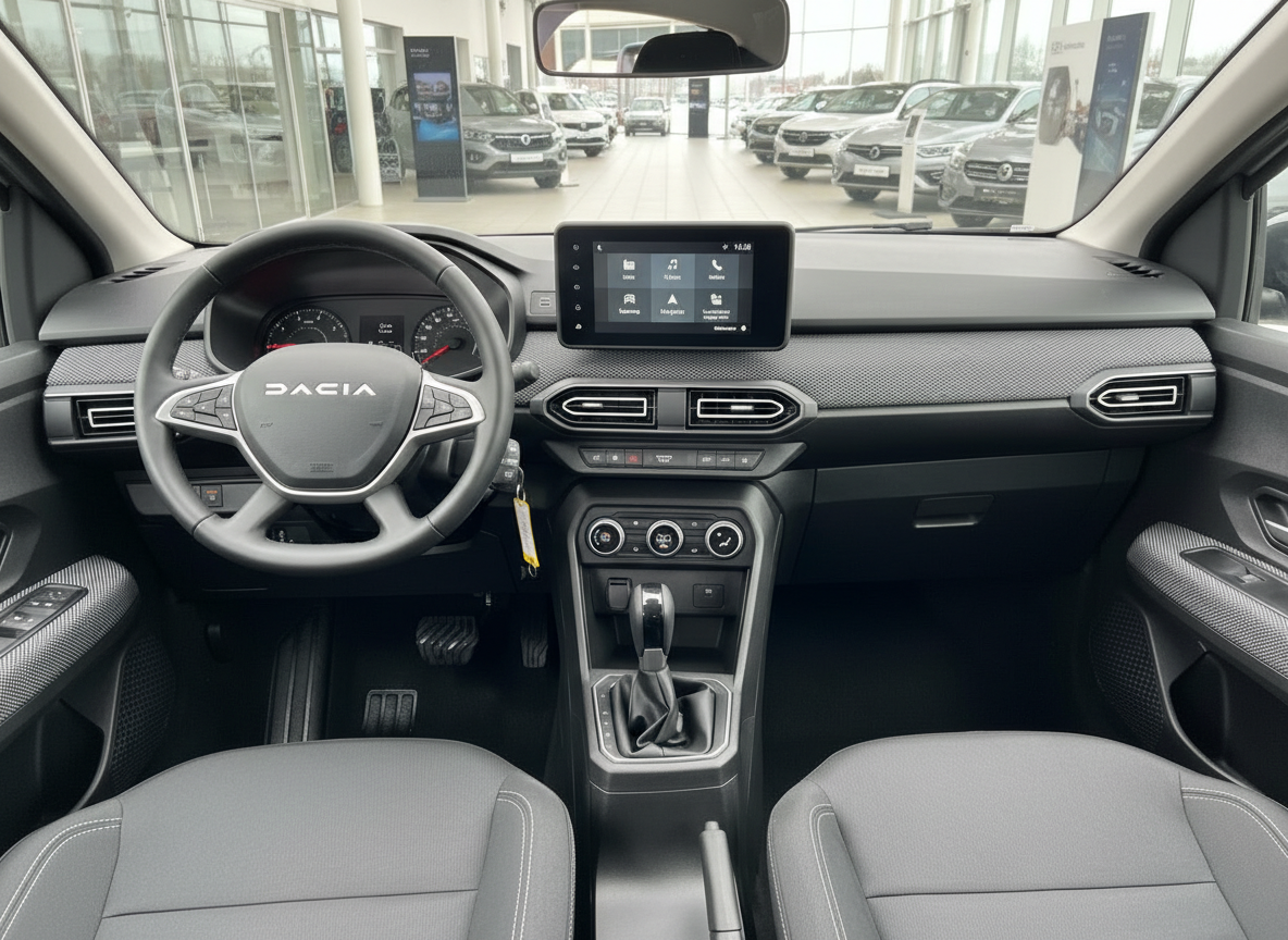Dacia Innenraum Cockpit mit Lenkrad, Touchscreen-Display und manueller Schaltung im Autohaus