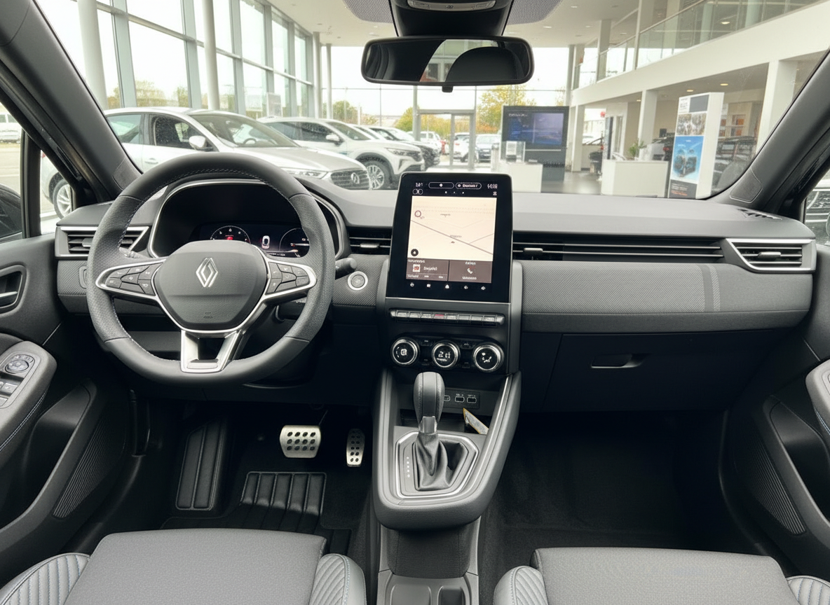 Renault Clio Innenraum mit Lederlenkrad, digitalem Cockpit und Touchscreen-Navigation