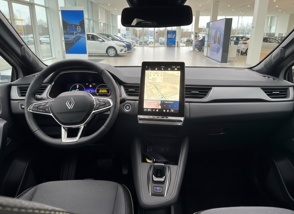 Renault Innenraum mit Lenkrad, digitalem Cockpit und großem Touchscreen-Navigationssystem