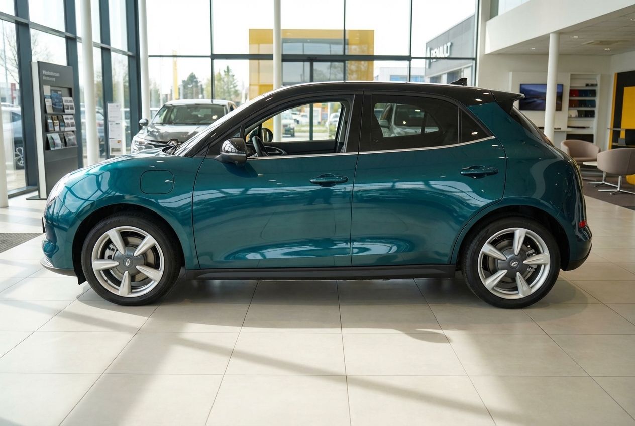Renault Twingo E-Tech Electric in Petrolblau im Renault Autohaus Showroom Seitenansicht
