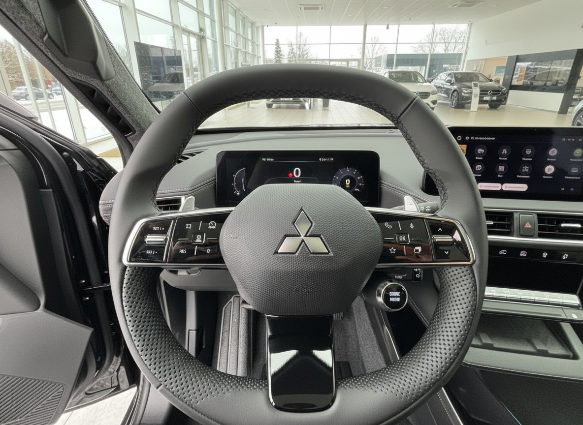Mitsubishi Innenraum mit Lenkrad, digitalem Cockpit und Infotainment-Display im Autohaus