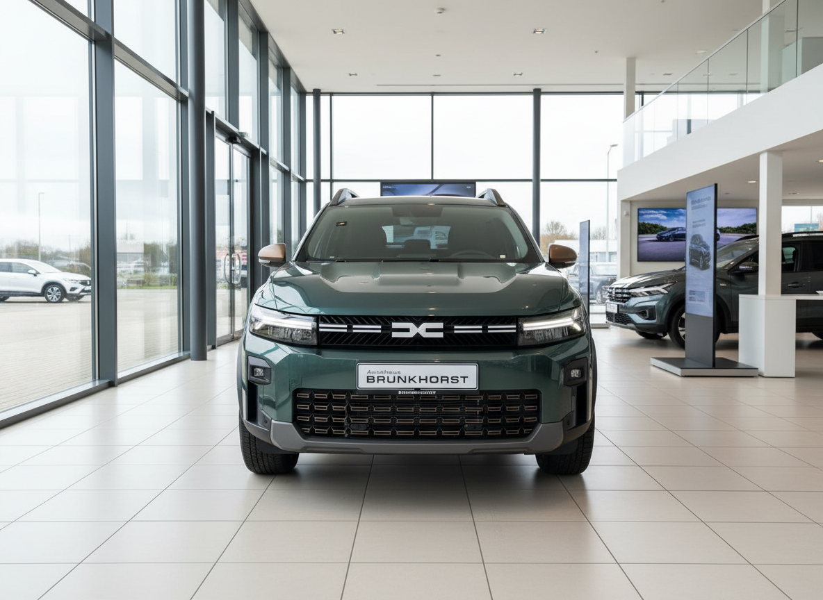 Dacia Duster SUV in Dunkelgrün Frontansicht im Autohaus Brunkhorst Showroom