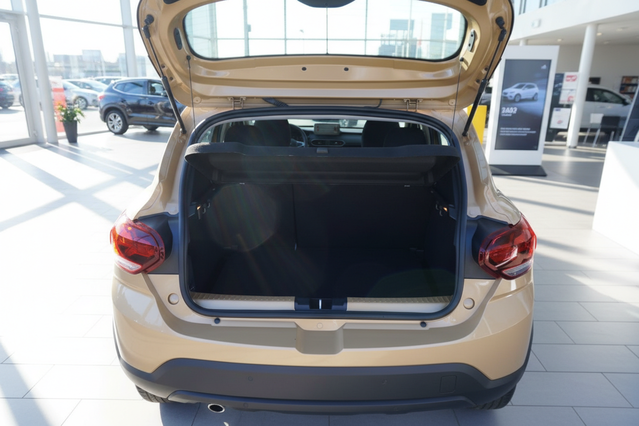 Goldener Kompaktwagen mit geöffnetem Kofferraum im Autohaus-Showroom