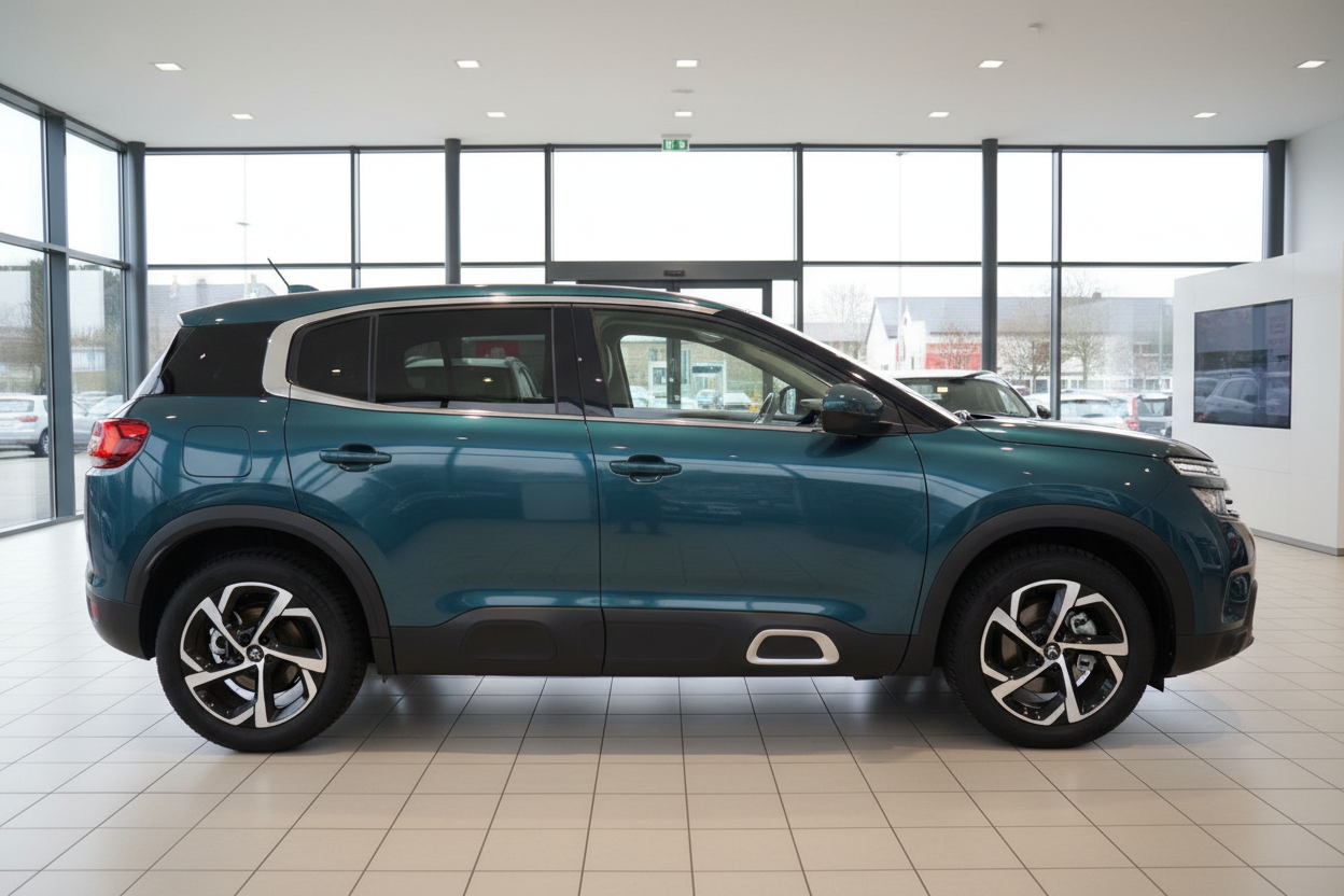 Citroën C5 Aircross SUV in Petrolblau Seitenansicht im Autohaus Showroom