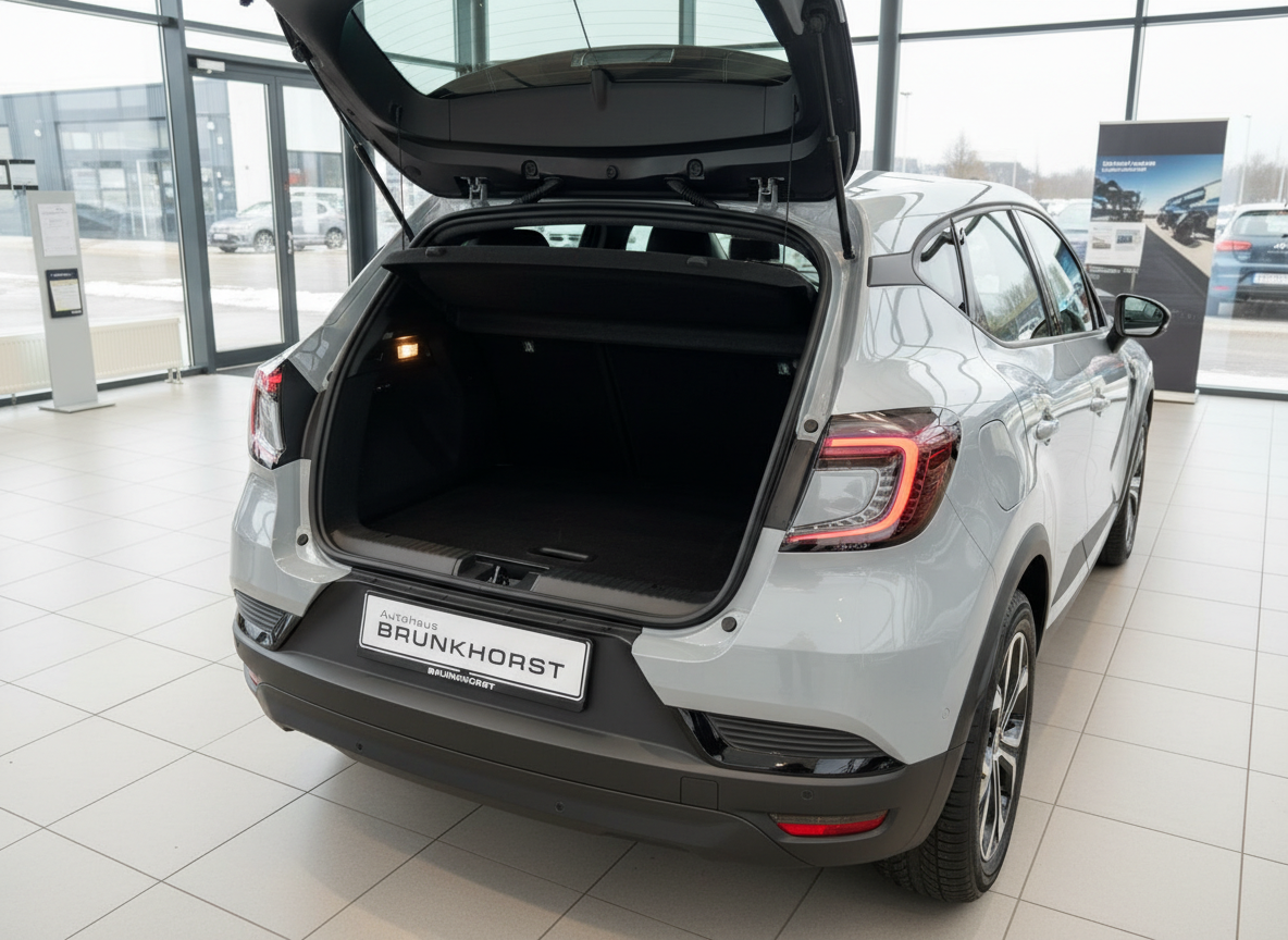 Renault Captur grau mit geöffnetem Kofferraum im Autohaus Brunkhorst Showroom