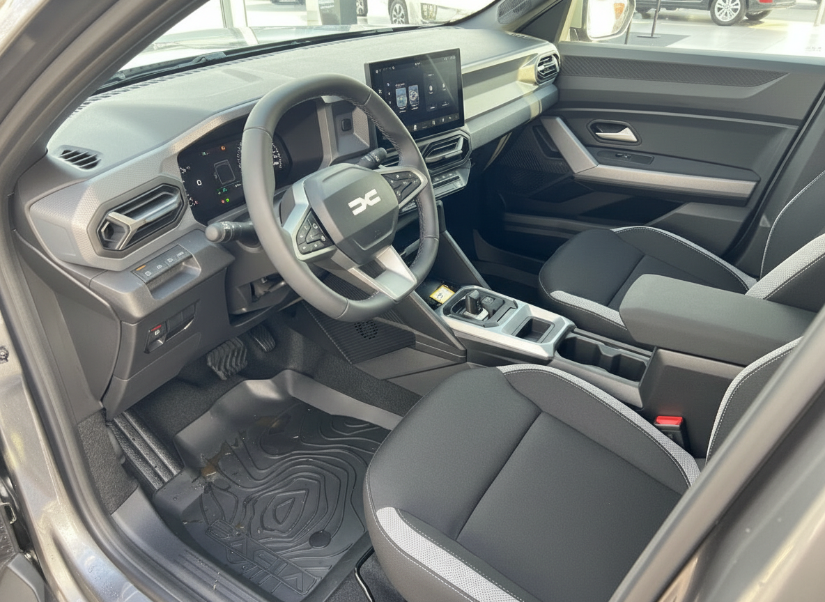Dacia Innenraum mit Lederlenkrad, Touchscreen-Infotainment und schwarzen Sportsitzen