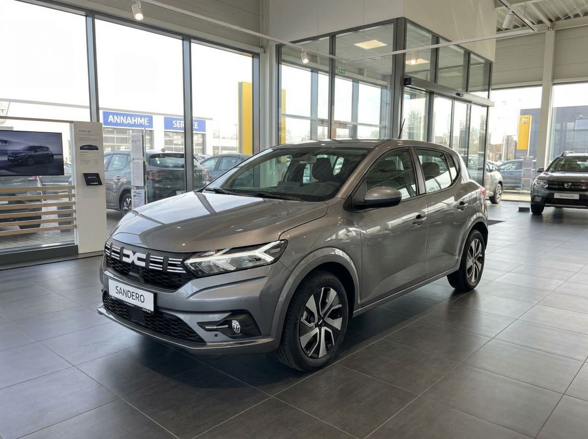 Dacia Sandero Stepway in Grau im Autohaus Showroom – Frontansicht schräg