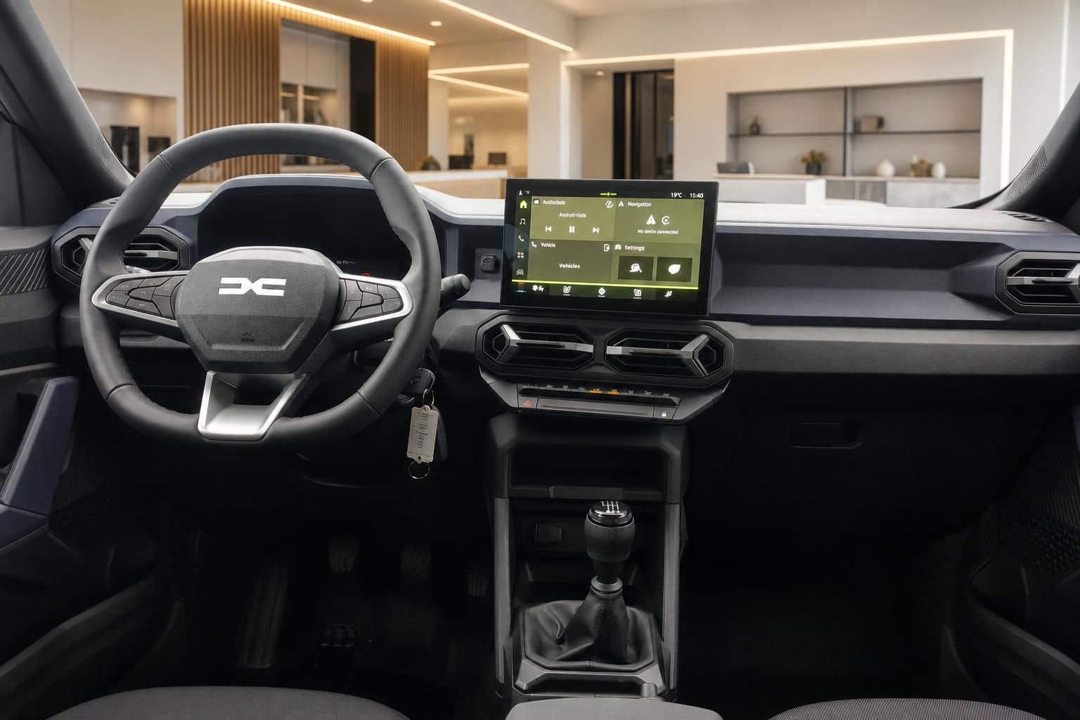 Dacia Duster Cockpit mit Touchscreen-Navigation, Lenkrad und Schaltgetriebe Innenraum