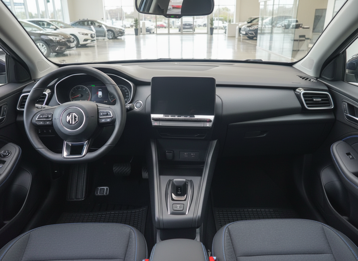 MG ZS Innenraum mit Touchscreen, Lederlenkrad und modernem Cockpit-Design