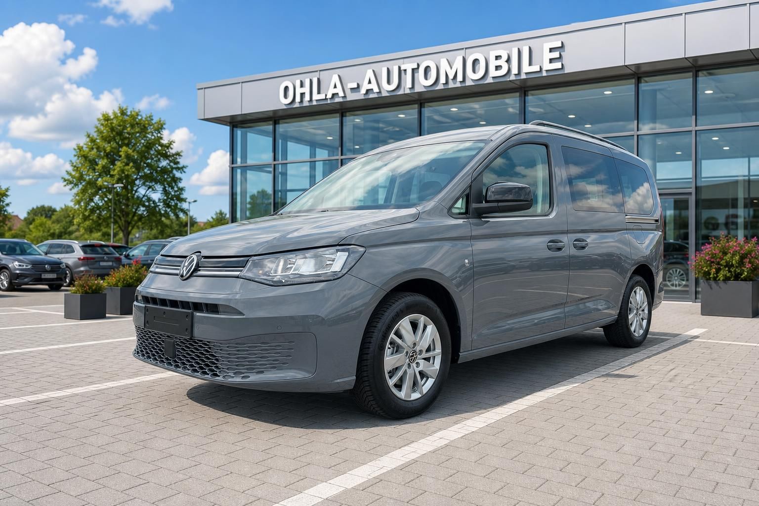 VW Caddy grau vor Autohaus Ohla-Automobile, Frontansicht