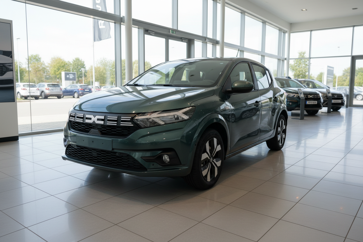 Dacia Sandero in Dunkelgrün im Autohaus Showroom – Frontansicht schräg links