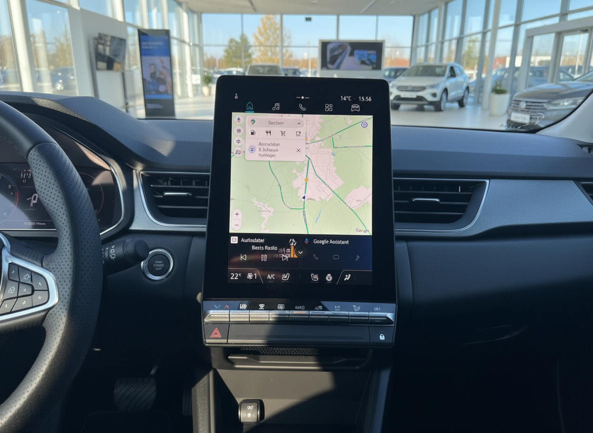 Volkswagen Innenraum mit großem Touchscreen-Infotainmentsystem und Google Maps Navigation im Autohaus