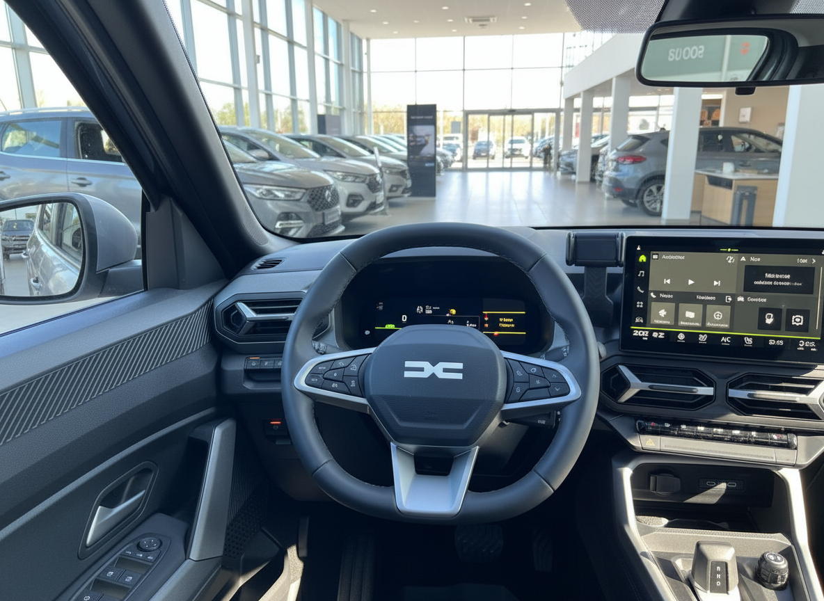 Dacia Innenraum mit Lenkrad, digitalem Cockpit und Touchscreen-Infotainment im Autohaus