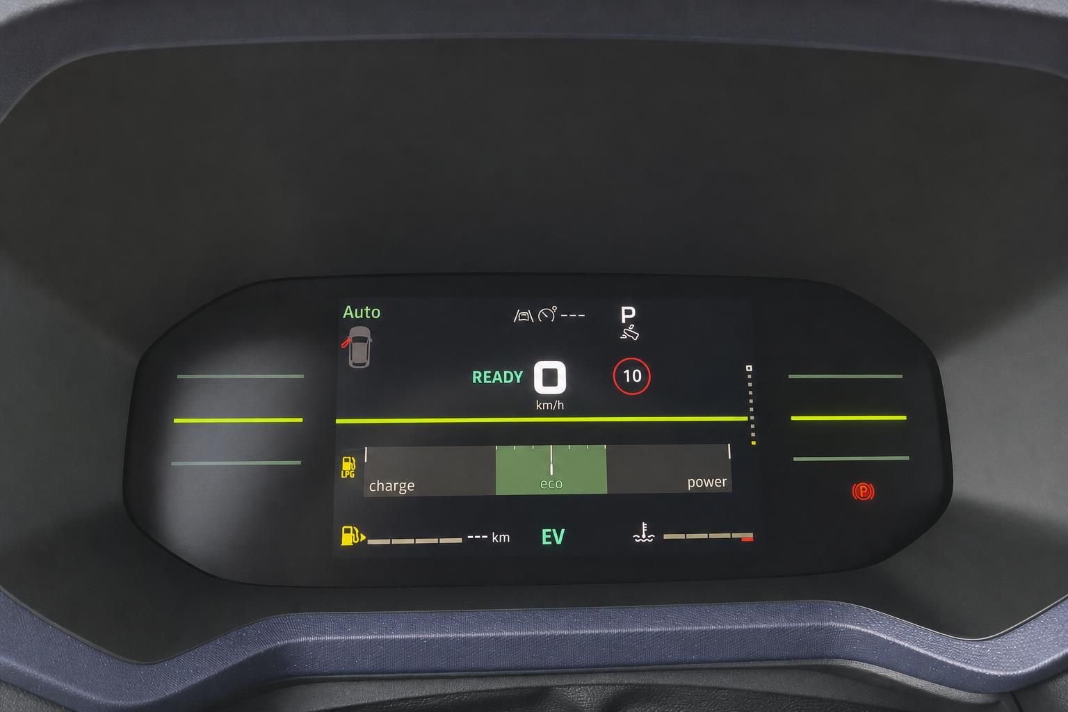 Digitales Kombiinstrument mit Tachoanzeige und Ladezustand im Fahrzeug