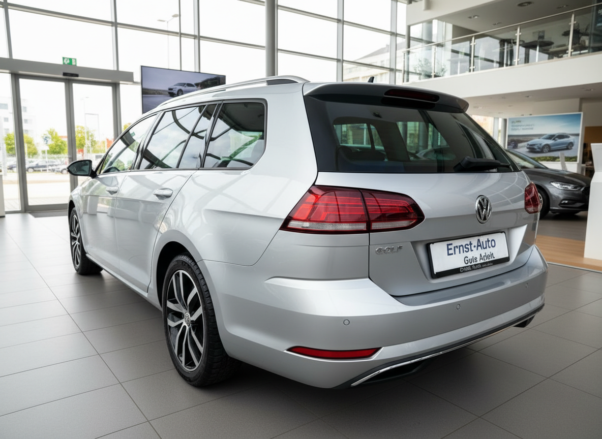 Silberner VW Golf Variant Kombi Heckansicht im Autohaus Ernst-Auto