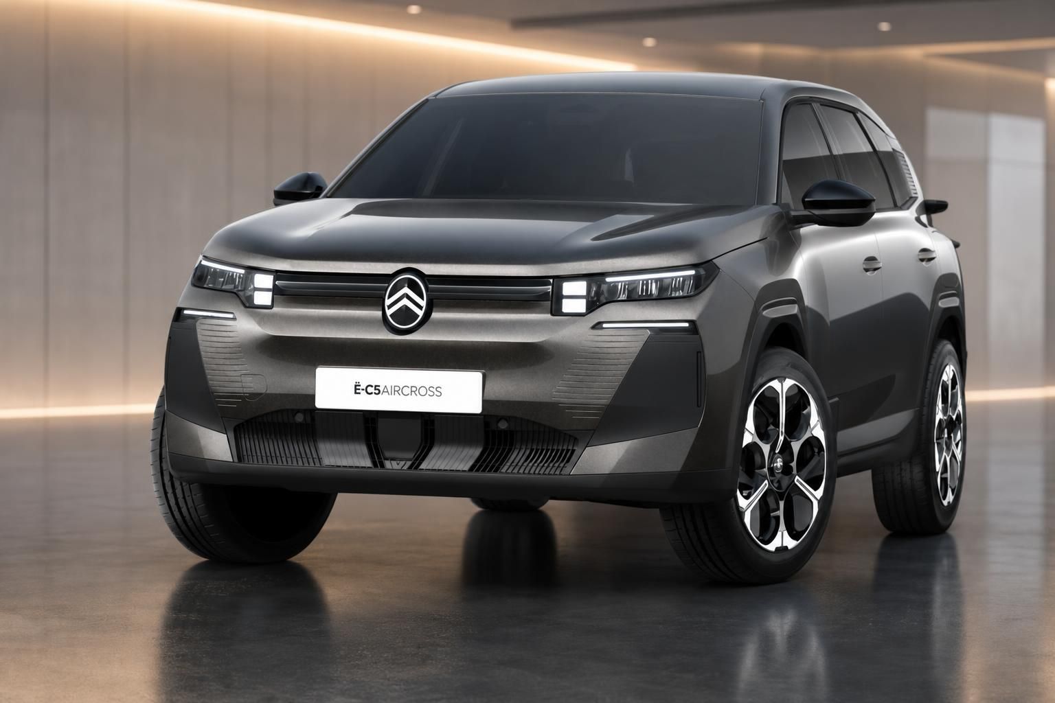 Citroën ë-C5 Aircross Elektro-SUV in Grau, Frontansicht im Studio