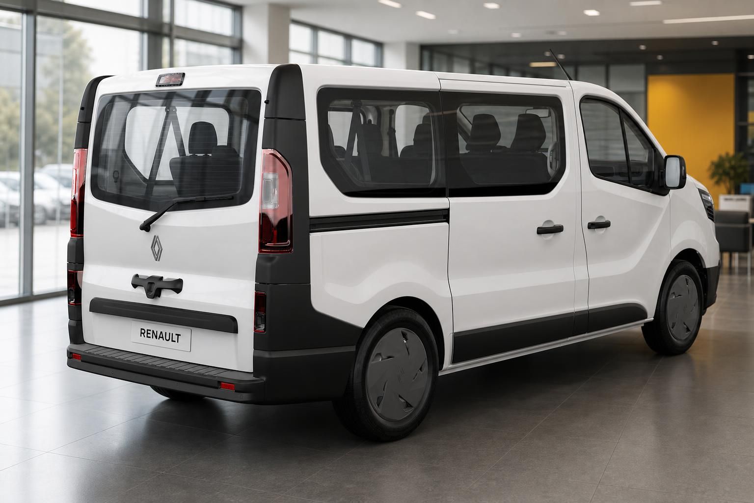 Renault Trafic Kombi weiss – Heckansicht schräg im Autohaus mit Renault-Logo