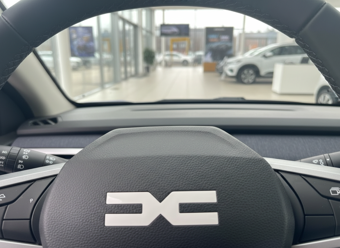 Dacia Innenraum Lenkrad mit neuem DC Logo in Autohaus Showroom