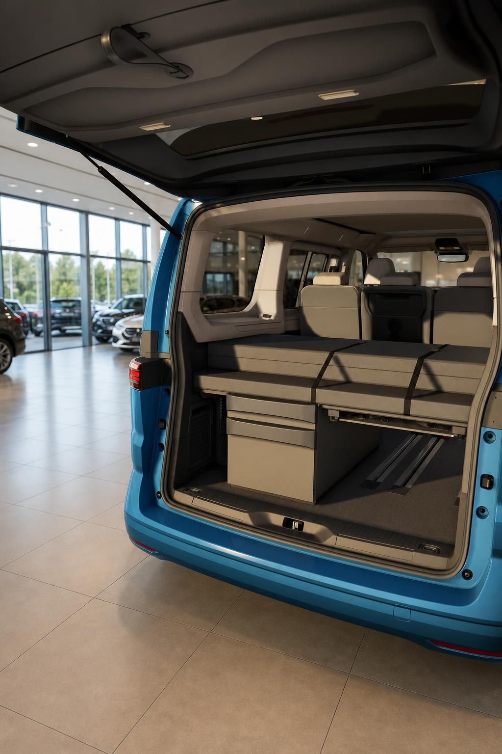 VW Camper Kofferraum mit Kühlbox und Bettausbau im Detail